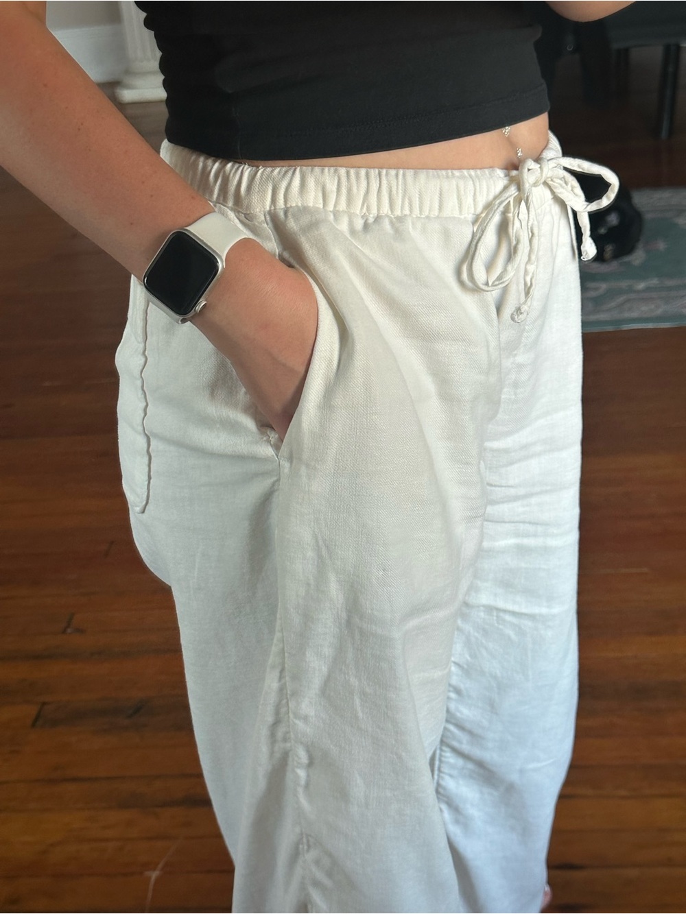 White Drawstring Linen Pants - Picture 3 of 4